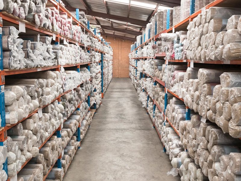 warehouse shelves with carpet rolls - Castillo's Carpet Shack in Riverside, CA